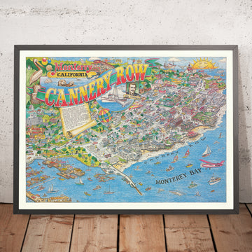 Old Pictorial Map of Monterey, California by Gilliland, 1988: Cannery Row, Waterfront, Wave St, Foam St, Steinbeck