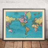 Antiguo mapa del mundo centrado en América, 1897: proyección de Mercator, zonas horarias, colorido 