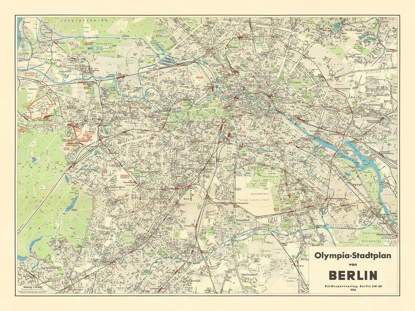Large Old Summer Olympics Map of Berlin, 1936: Charlottenburg, Tiergarten, Olympic Stadium