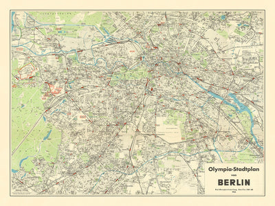Large Old Summer Olympics Map of Berlin, 1936: Charlottenburg, Tiergarten, Olympic Stadium