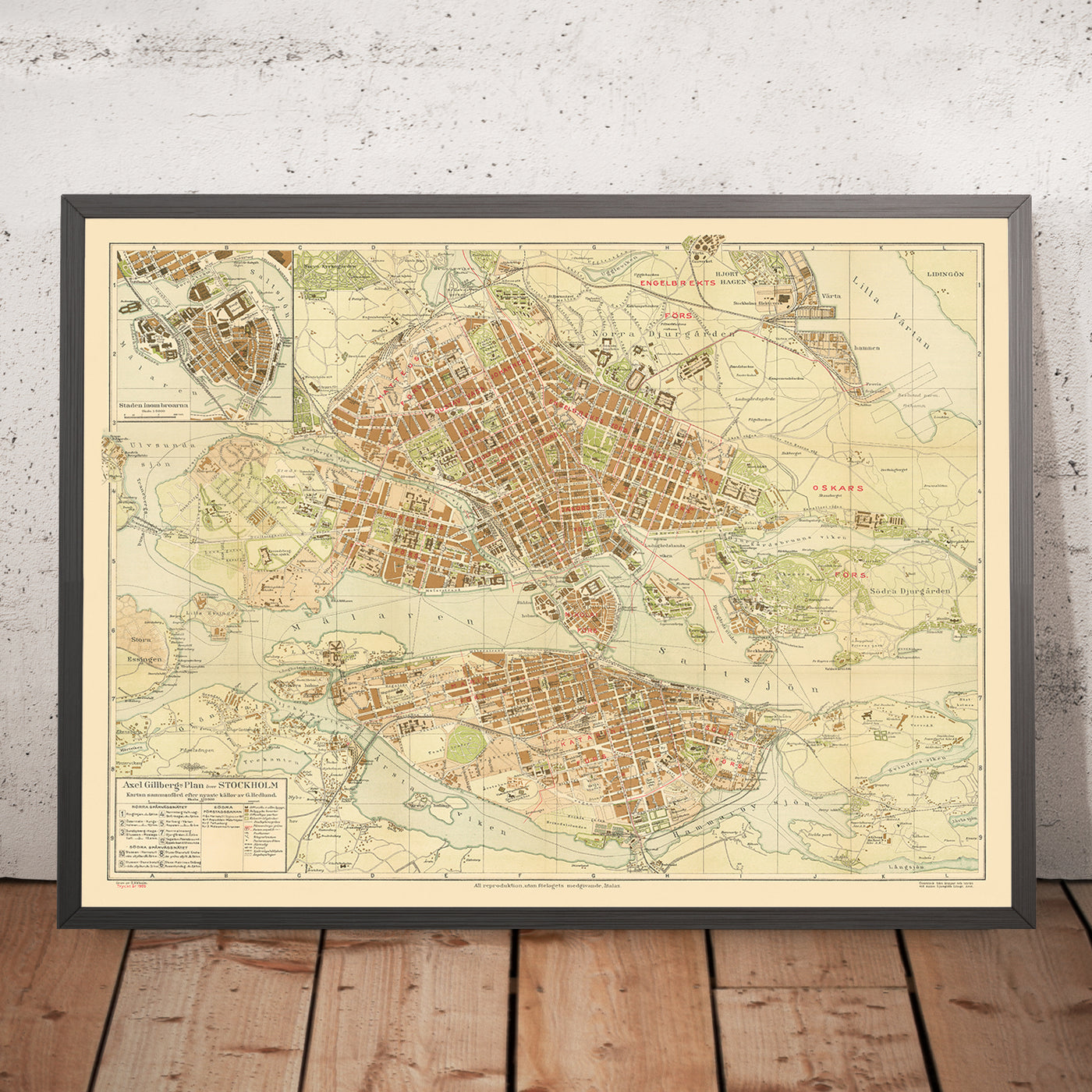 Old Map of Stockholm by Gillberg, 1920: Gamla Stan, Djurgården, Royal Palace, City Hall, Central Station