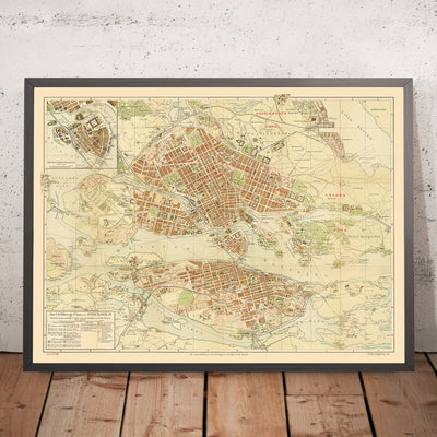 Old Map of Stockholm by Gillberg, 1920: Gamla Stan, Djurgården, Royal Palace, City Hall, Central Station