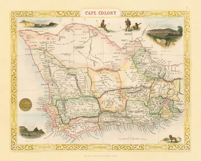 Old Map of Cape Colony (South Africa) by Tallis, 1851: Cape Town, Table Mountain, Knysna, Algoa Bay, Great Karroo
