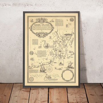 Antica mappa pittorica del Rhode Island di Clegg, 1925: Providence, Newport, navi, Block Island 