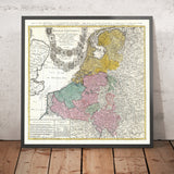 Old Map of Belgium and Netherlands by Mayer, 1747: Belgian Federation, Brussels, Amsterdam, Antwerp, Rotterdam