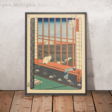 A framed image of Cat on Windowsill (Watching the Festival) by Utagawa Hiroshige, 1857