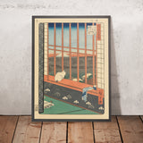 Chat sur le rebord de la fenêtre (Observant le festival) par Utagawa Hiroshige, 1857 