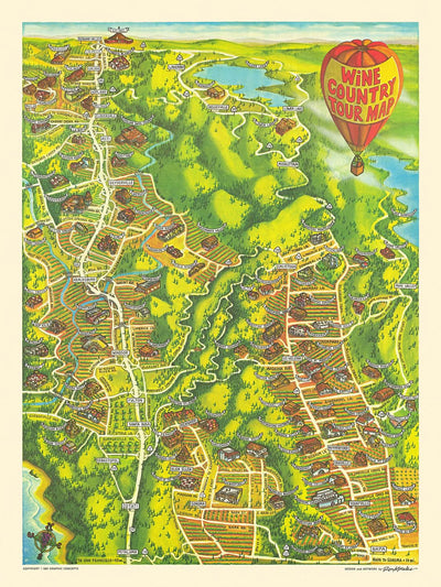 Mapa ilustrado antiguo de Napa y Sonoma, realizado por Morales en 1981: Napa, Santa Rosa, Sonoma, lago Berryessa y río Ruso