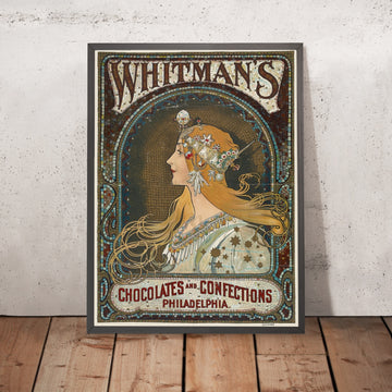 A framed image of Whitman’s Chocolates and Confections by Alphonse Mucha, 1895