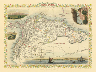 Old Map of Northern South America by Tallis, 1851: Venezuela, Colombia, Ecuador, Guayanas, Panama