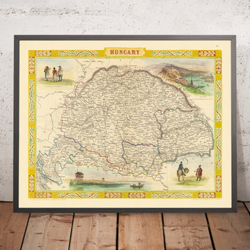 Antigua mapa de Hungría por Tallis, 1851: Budapest, Danubio, Cárpatos, Nobles, Campesinos 