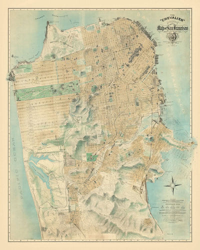 Ancienne carte illustrée de San Francisco par Chevalier, 1911 : Golden Gate Park, Presidio, Ingleside, Lake Merced, Union Iron Works