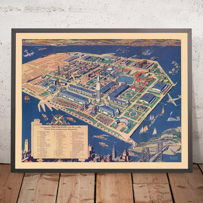 Old Map of Treasure Island & the Golden Gate International Exposition1939: Tower of the Sun, Court of the Seven Seas, California Building, Bay Bridge, San Francisco