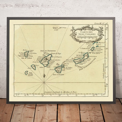 Mapa antiguo de las Islas Canarias de Bellin, 1764: Las Palmas, Santa Cruz, montañas, elementos náuticos, cartela