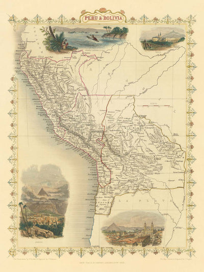 Old Map of Peru & Bolivia by Tallis, 1851: Lima, Potosi, Lake Titicaca, Andes, Atacama Coast
