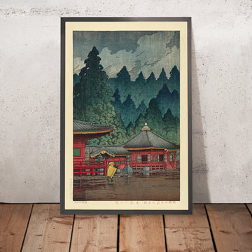 Una imagen enmarcada de Futatsu Hall en Nikko, de Hasui Kawase, 1935