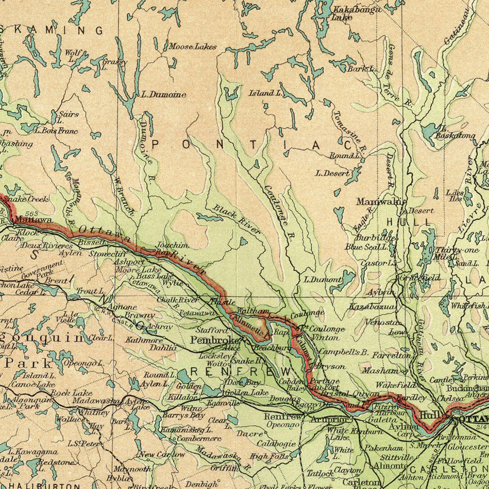 Old Map of Ontario & Quebec by Bartholomew, 1922 Toronto, Montreal, St. Lawrence River, Great Lakes