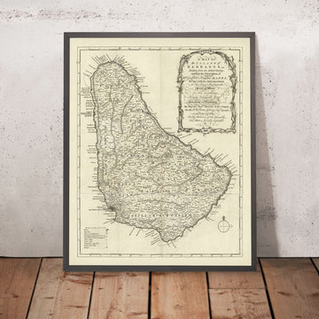 Old Map of Barbados by Jefferys, 1750: Parishes, Sugar Mills, Churches, Rivers, Forts