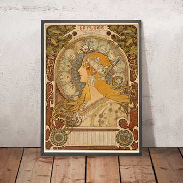 A framed image of Zodiac (La Plume) by Alphonse Mucha, 1896