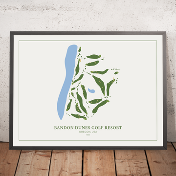 Una imagen enmarcada de Bandon Dunes Golf Resort en el estilo de un mapa de campo de golf simple y moderno