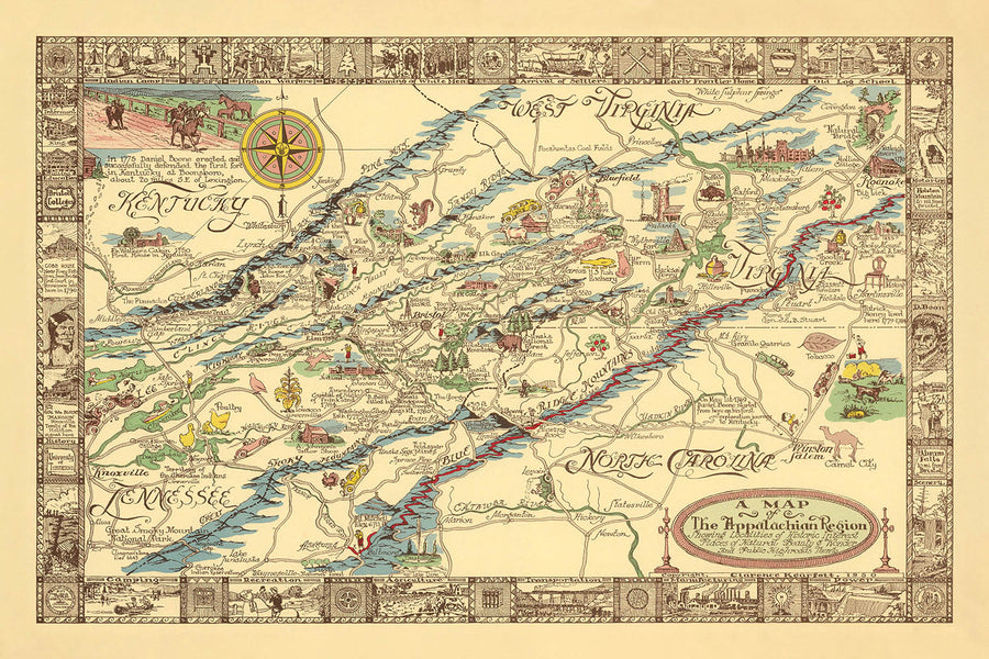 Mappa antica della regione degli Appalachi di Kearfott, 1950: Sentiero degli Appalachi, Cumberland Gap, Grandi Monti Smoky, Winston Salem 
