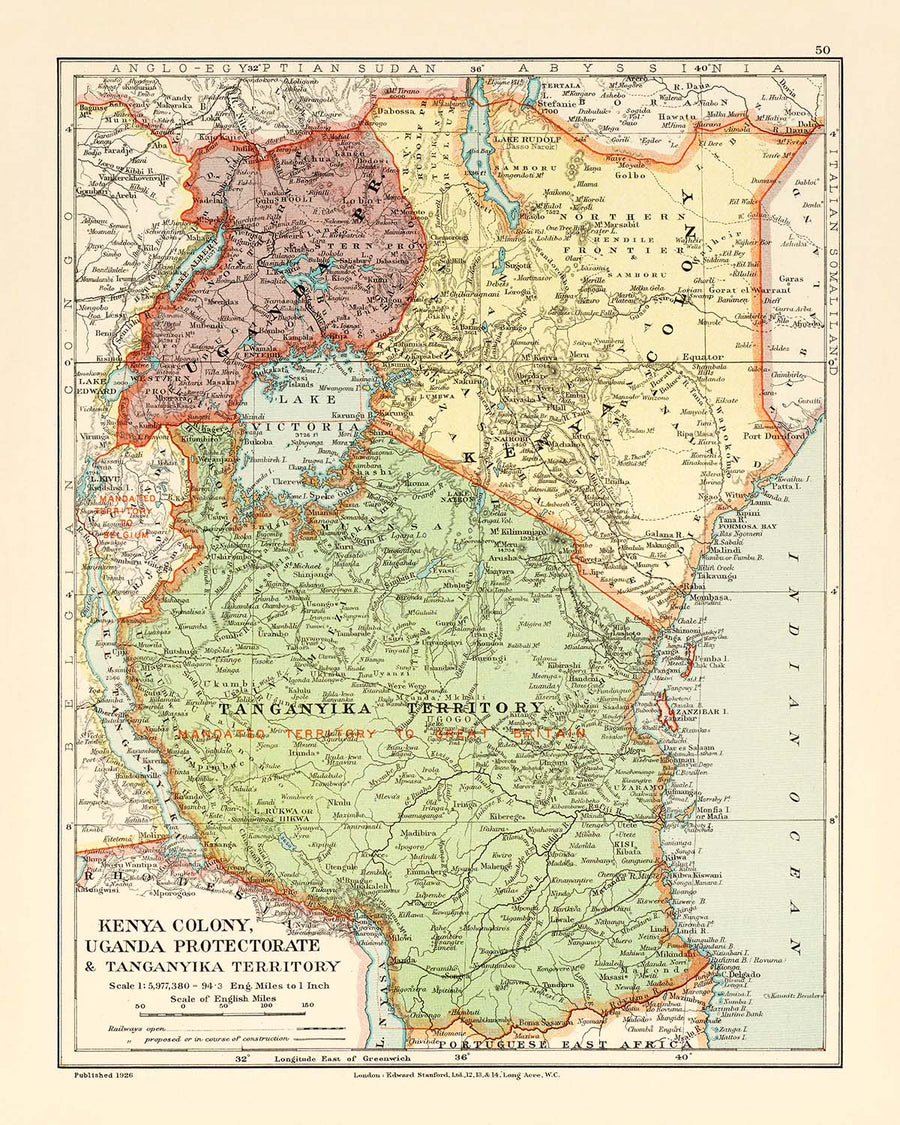 Ancienne carte coloniale du Kenya, Ouganda, Rwanda et Tanzanie par Edward Stanford, 1926 : Nairobi, Kampala, lac Victoria, Kilimandjaro, chemin de fer de l&