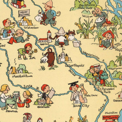Pictorial Map of Iowa by Ruth Taylor White, 1935: Des Moines, Cedar Rapids, Davenport, Corn Farming, Mississippi River