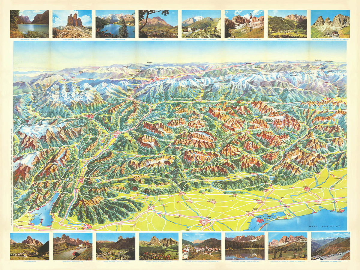 Alte bildliche Karte von Tirol und den Dolomiten, 1973: Große Dolomitenstraße, Cortina, Bozen, Meran, Drei Zinnen 