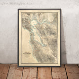 Grande carte ancienne de la région de la baie de San Francisco par Hoffmann, 1867 : Oakland, Berkeley, Golden Gate, Silicon Valley 