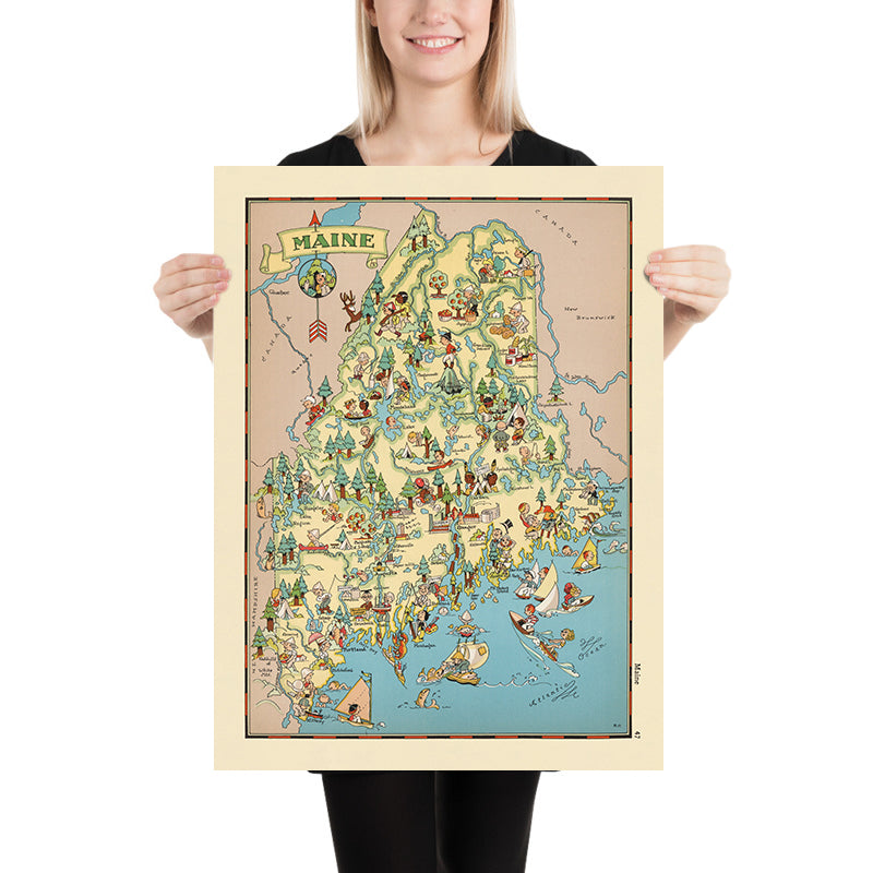 Pictorial Map of Maine by Ruth Taylor White, 1935: Portland, Bangor, Timber, Lobstering, Katahdin