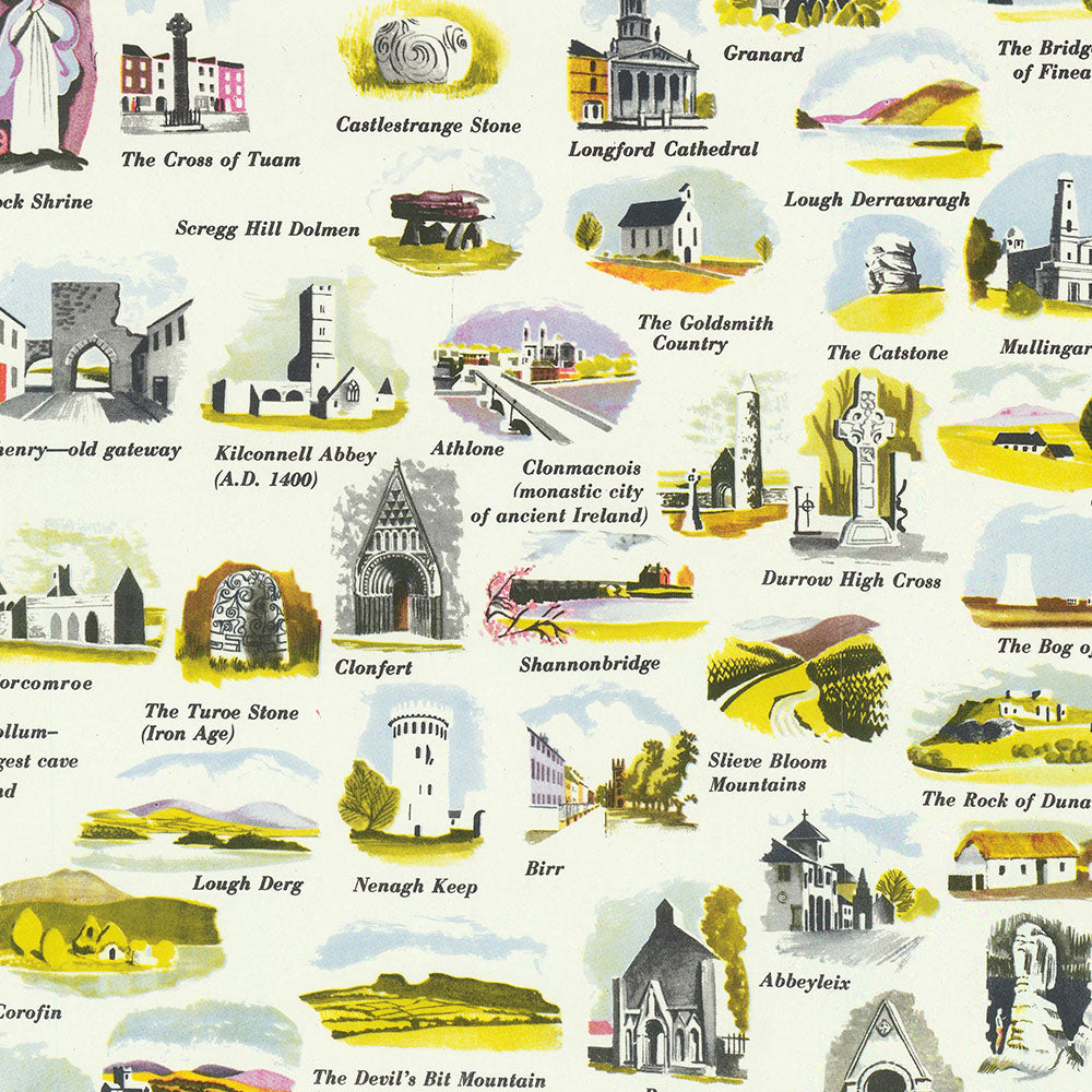 Old Pictorial Map of Ireland, 1958: Dublin, Cliffs of Moher, Giant's Causeway, River Shannon, Blarney Castle