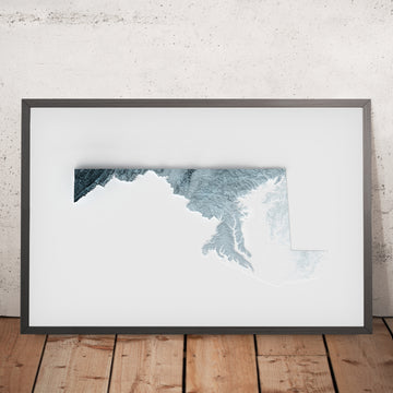 Una imagen enmarcada de un mapa de relieve topográfico en estilo 3D de Maryland