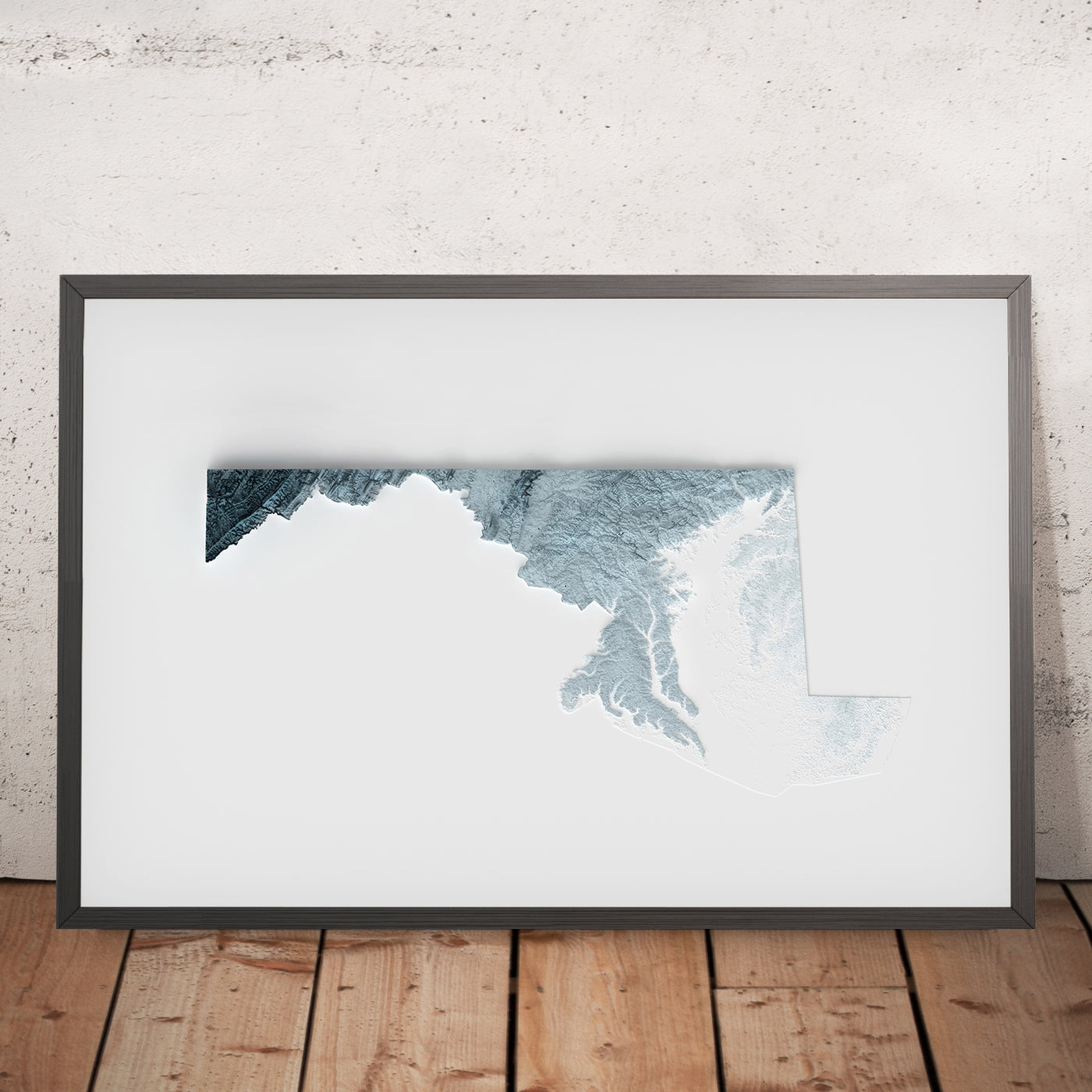A framed image of a 3D style topographic relief map ofMaryland