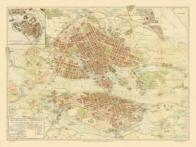 Old Map of Stockholm by Gillberg, 1920: Gamla Stan, Djurgården, Royal Palace, City Hall, Central Station
