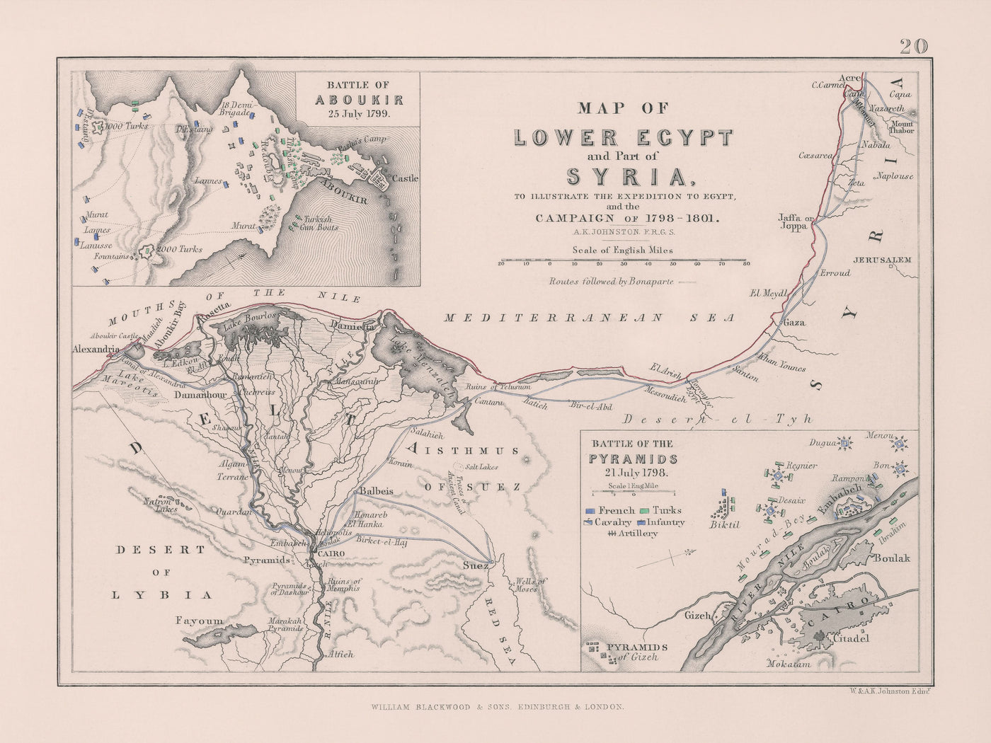 Antiguo mapa militar de las batallas de Napoleón en Egipto y Siria, 1801: Abukir, pirámides, El Cairo, Suez, Nilo