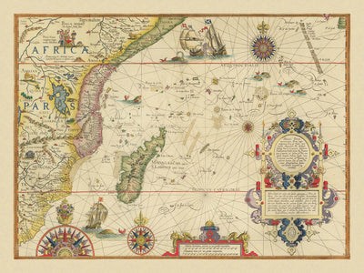 Old Map of East Africa & Indian Ocean by Linschoten, 1596: Mozambique, Zanzibar, Madagascar, Mogadishu, Prester John