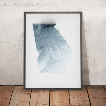 A framed image of a 3D style topographic relief map ofGeorgia