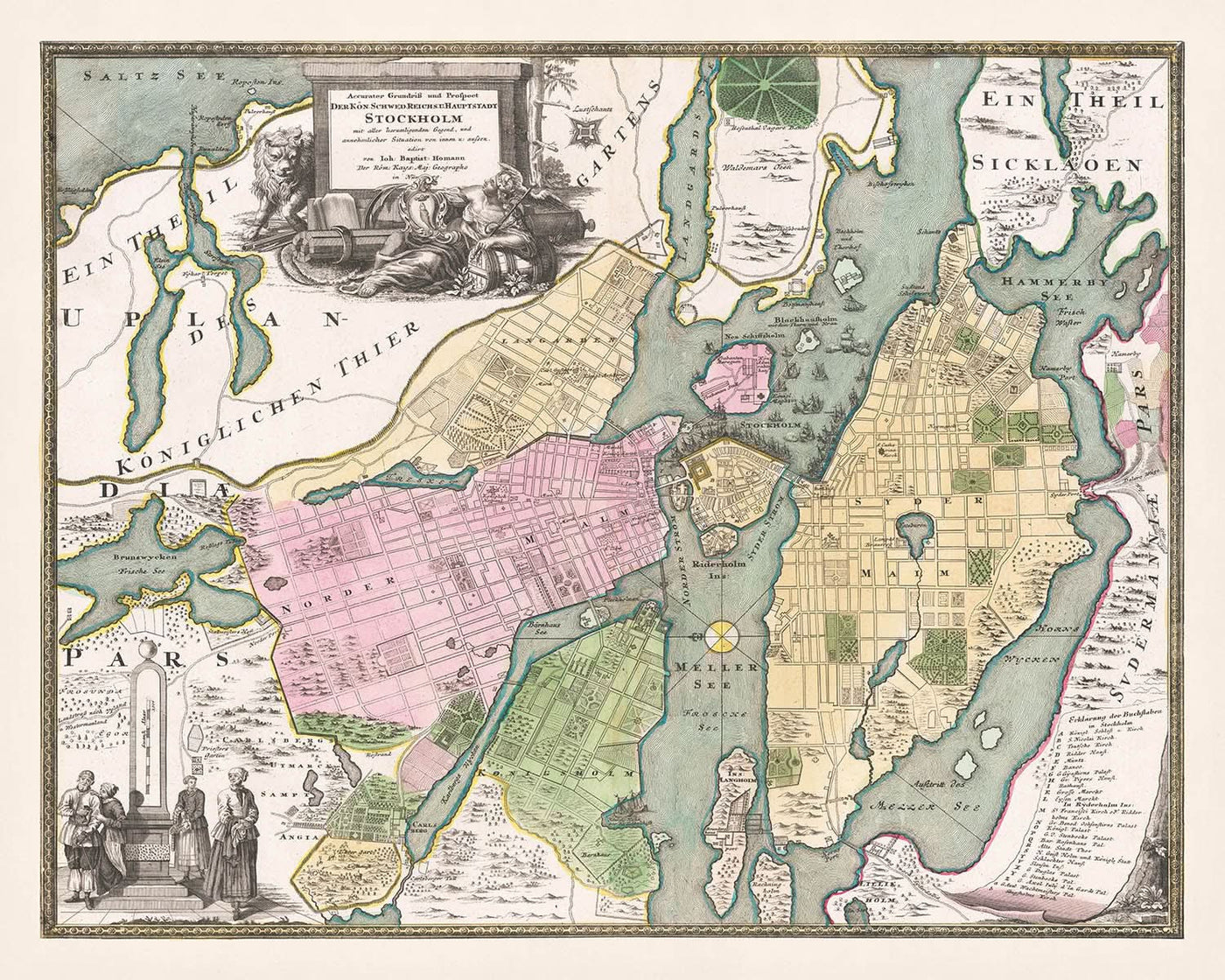 Old Map of Stockholm by Homann, 1720: Royal Palace, Riddarholmen, Mälaren, Djurgården, Skeppsbron