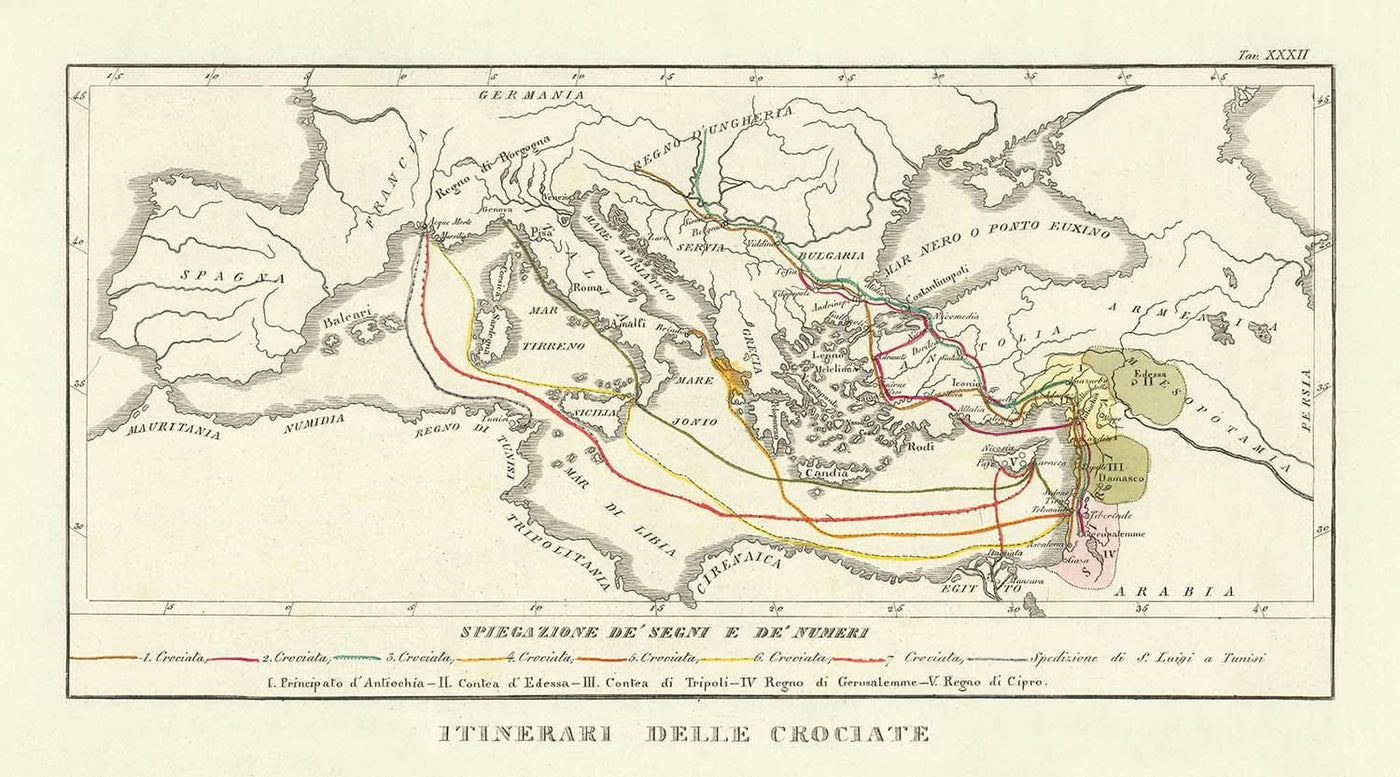 Mapa antiguo de las Cruzadas de Marmocchi, 1838: rutas, Jerusalén, Antioquía, Constantinopla, Hungría