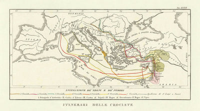 Mapa antiguo de las Cruzadas de Marmocchi, 1838: rutas, Jerusalén, Antioquía, Constantinopla, Hungría