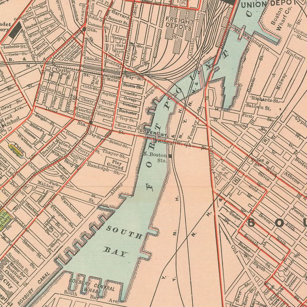 Ancienne carte de Boston, 1912 : port de Boston, South Boston, Roxbury, Boston Common, jardin public