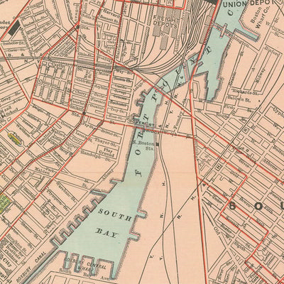 Ancienne carte de Boston, 1912 : port de Boston, South Boston, Roxbury, Boston Common, jardin public