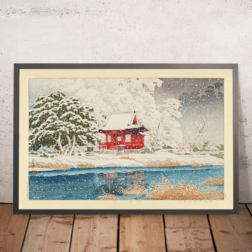 A framed image of Inokashira Benten Shrine in the Snow by Hasui Kawase, 1935