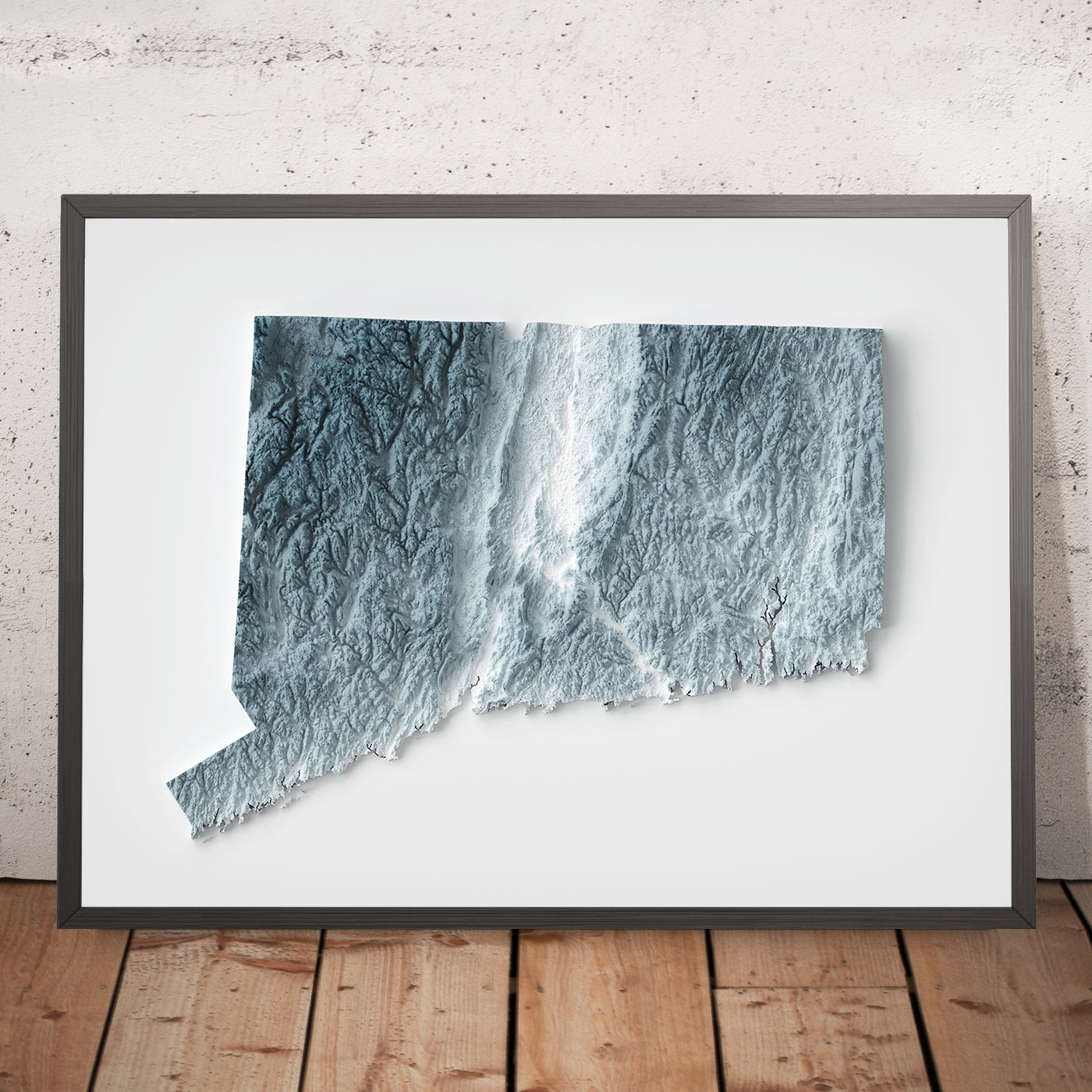 A framed image of a 3D style topographic relief map ofConnecticut