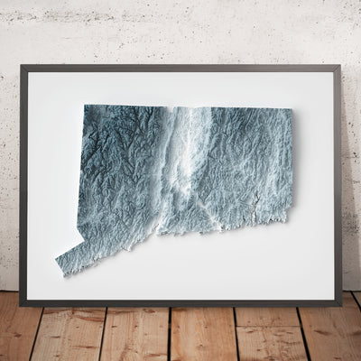 A framed image of a 3D style topographic relief map ofConnecticut