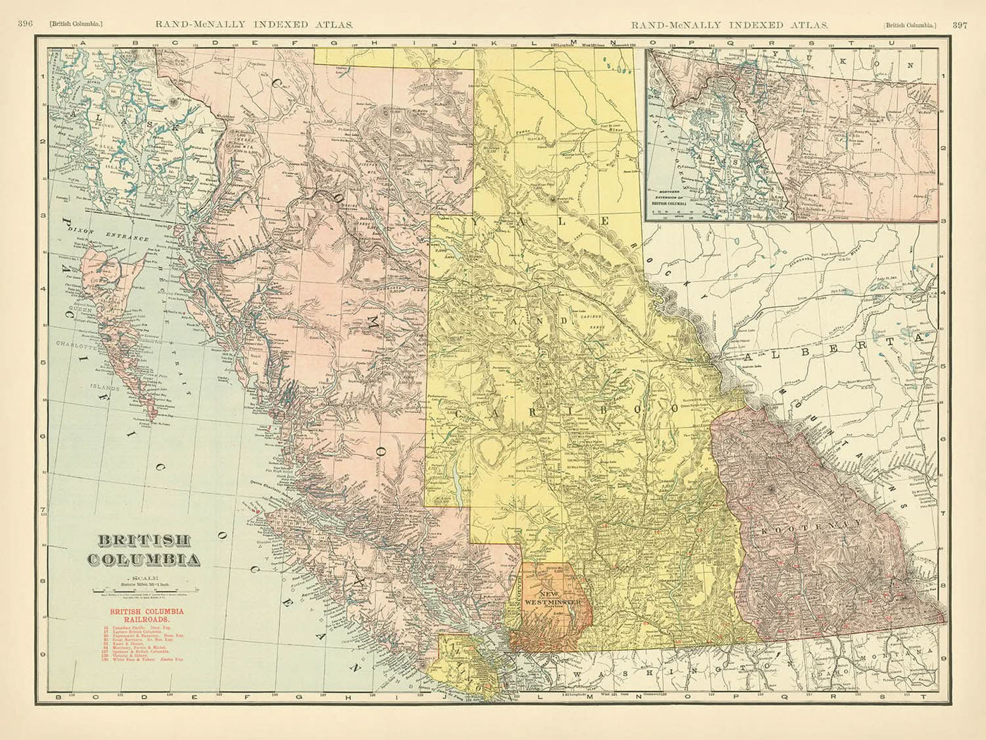 Alte Karte von British Columbia, 1911: Vancouver, Victoria, Küstenbuchten, Berge, Eisenbahnen