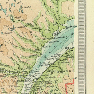 Old Map of Ontario & Quebec by Bartholomew, 1922 Toronto, Montreal, St. Lawrence River, Great Lakes