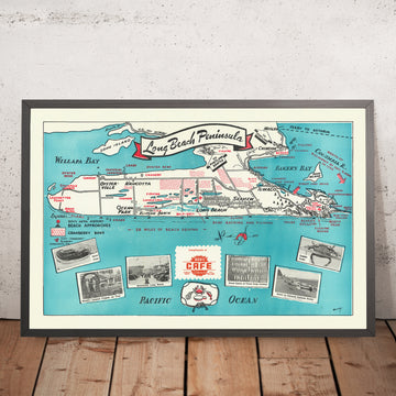 Old Pictorial Map of Long Beach Peninsula WA by Mulvey, 1950: Ilwaco, Oysterville, Ocean Park, North Head, Willapa Bay