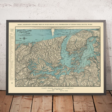 Vecchia mappa Birdseye della regione di Puget Sound, 1927: Seattle, Tacoma, Penisola Olimpica, Isole San Juan, Monte Rainier 