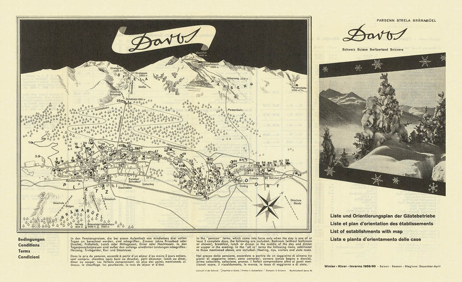 Mappa della vecchia stazione sciistica di Davos, 1959: Weissfluhjoch, Jakobshorn, Schatzalp, Klosters, Davos Platz 